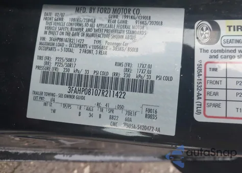 2007 Ford Fusion Sel from USA, damaged, VIN 3FAHP08107R211422